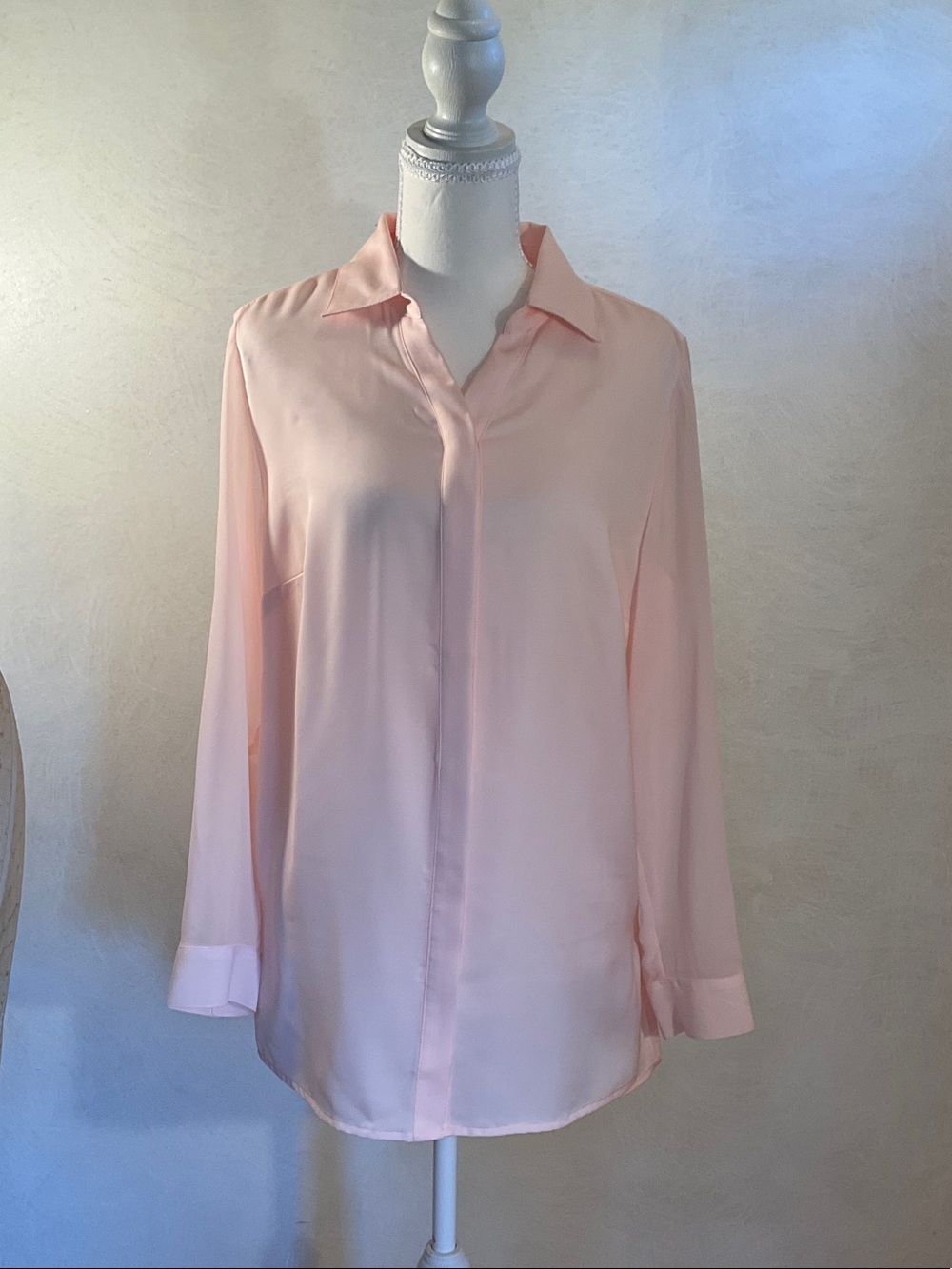 Chico's Soft Pink Button-Down Silk-Feel Blouse w/ sheer sleeves